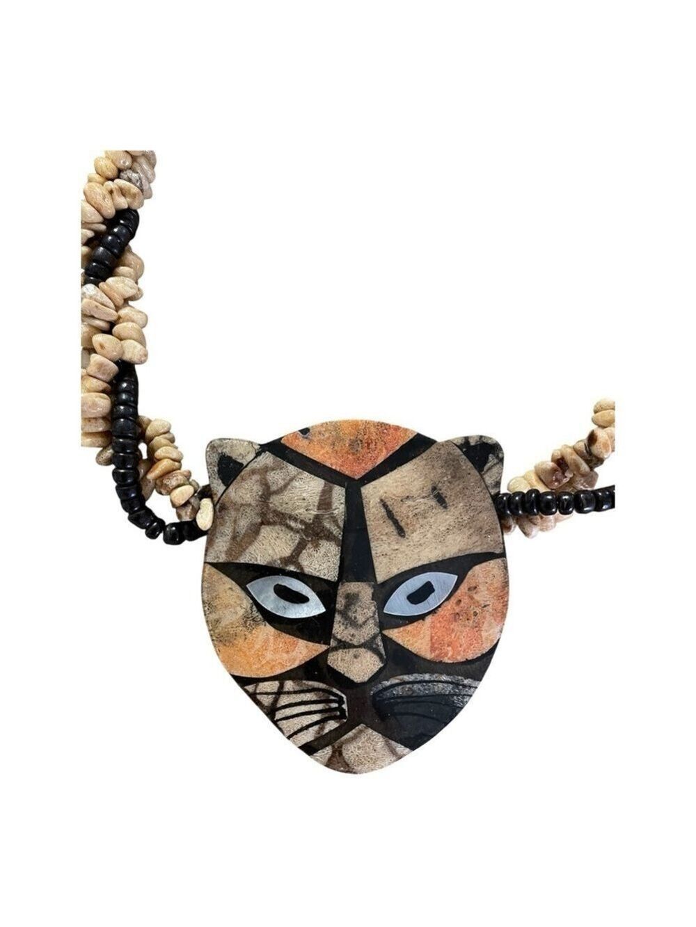 Vintage Lee Sands Necklace, Tiger Head Mother of Pearl Inlay, Beaded Intertwined
